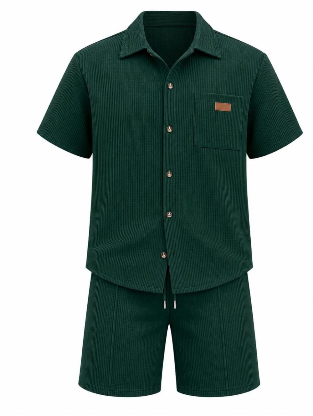 Men's Short Sleeve Button-Up Shirt & Shorts Set - Dark Green